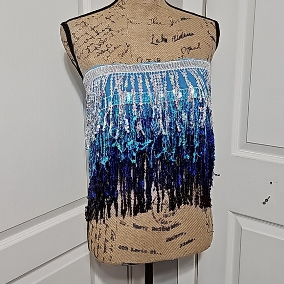 Handmade Tops - Layered Sequined Fringe Strapless Tie On Festival/Coverup/Party/Dance Top (OS)
